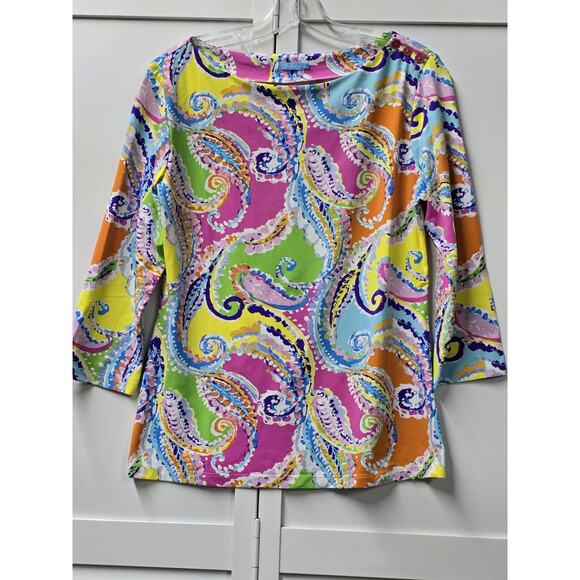 J. McLaughlin Bright Modern Paisley Signature Resort Top 3/4 Slv Boatneck XL - Picture 1 of 6
